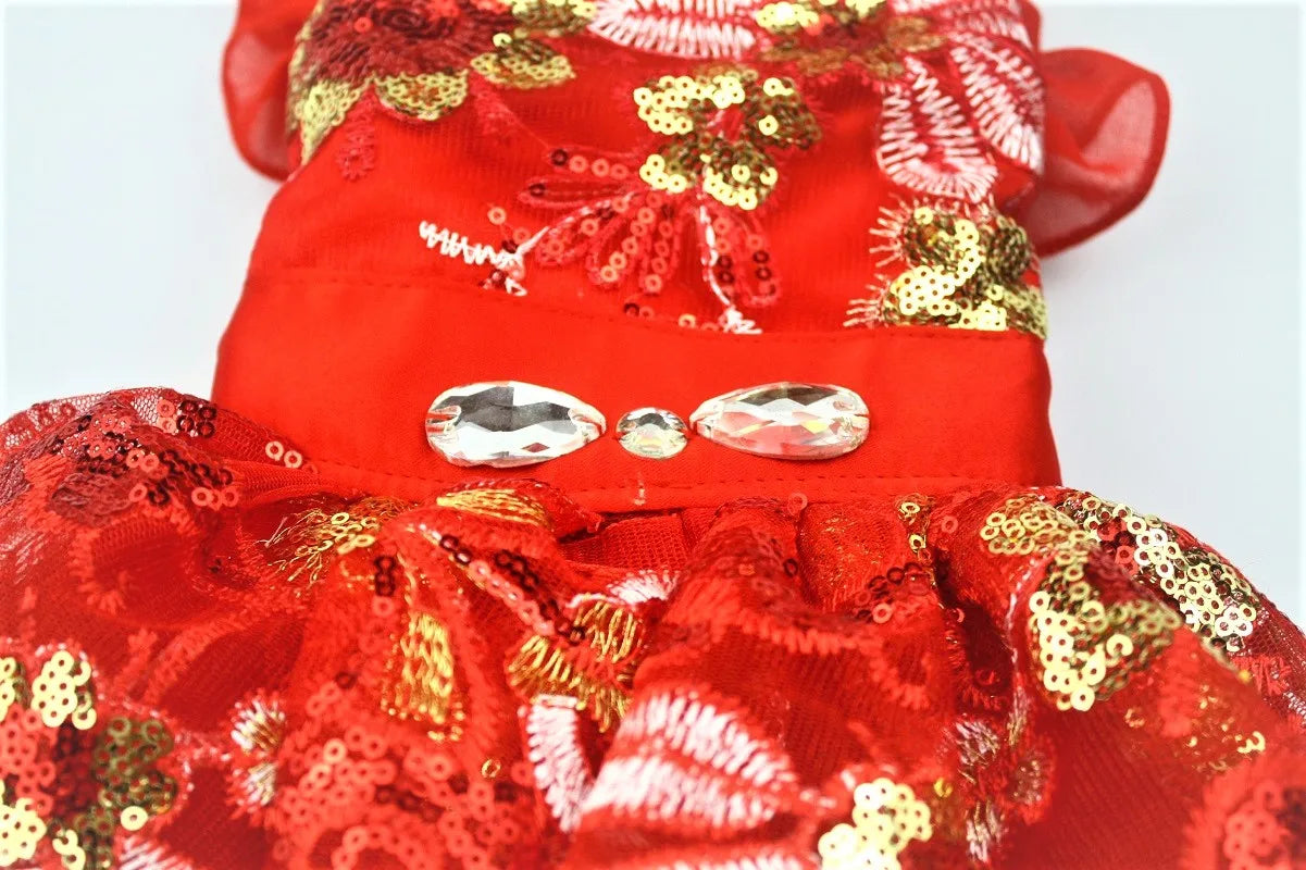 Handmade Holiday Clothes Wedding Dress Red Sequins Embroidered Flowers Lace