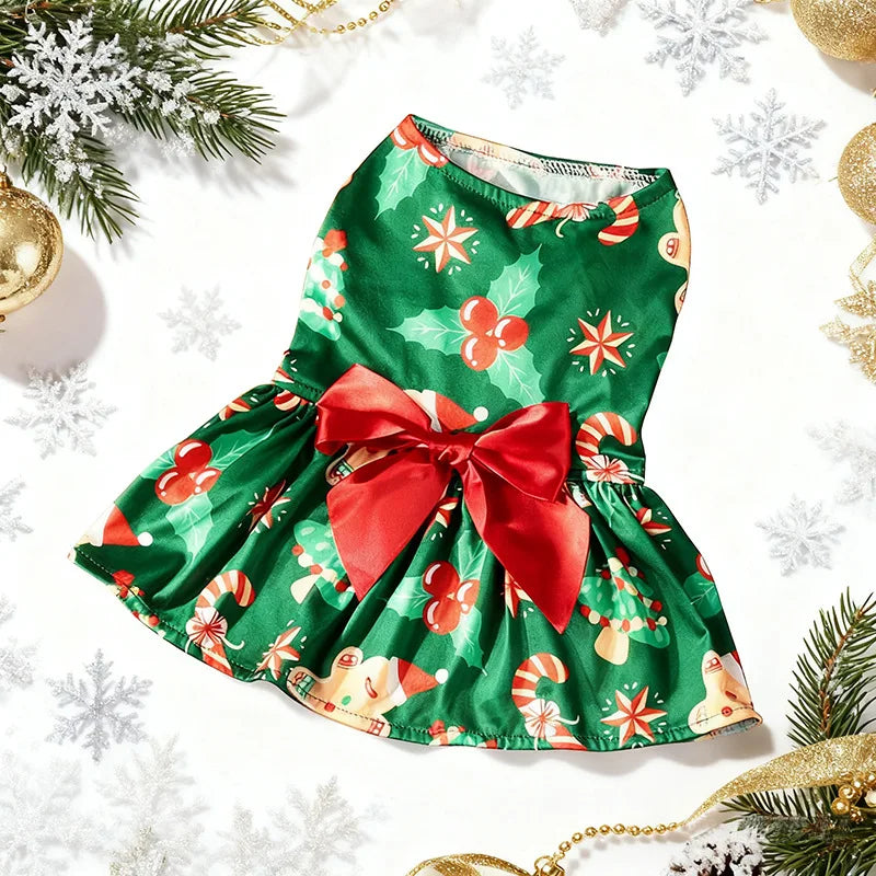 Christmas Dog Dress with Bow,