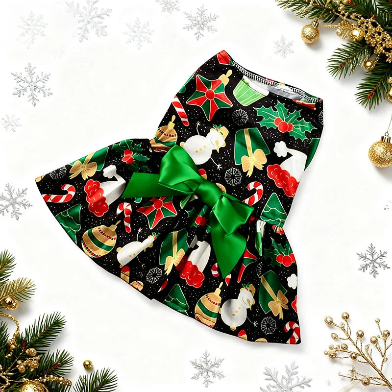 Christmas Dog Dress with Bow,