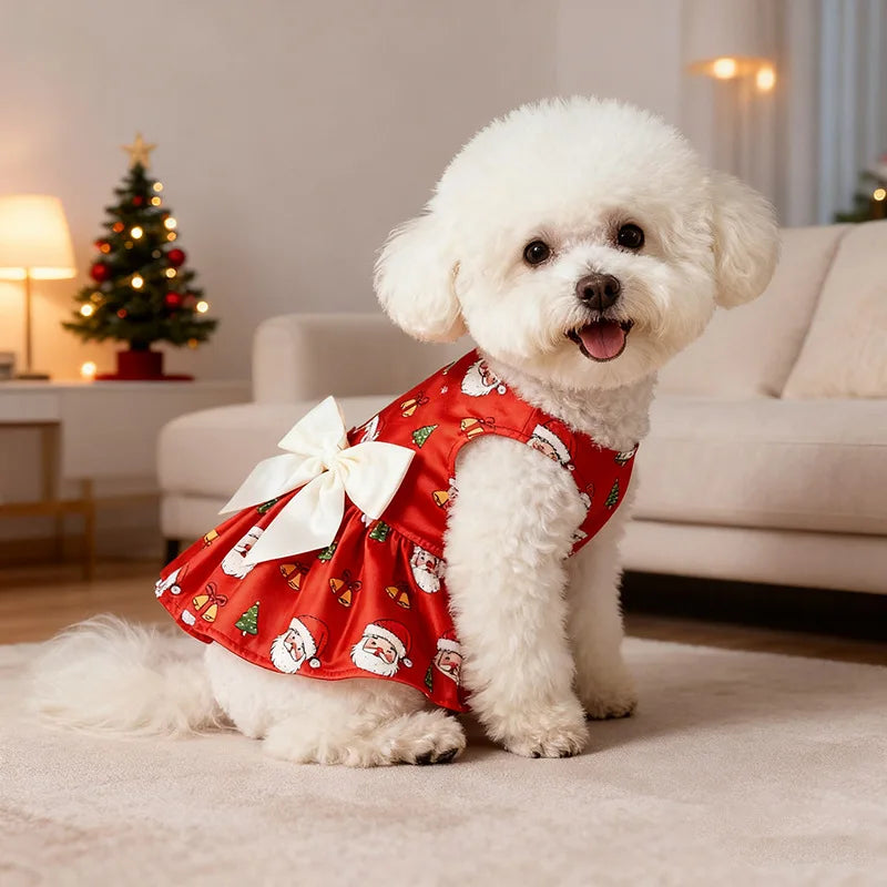 Christmas Dog Dress with Bow,