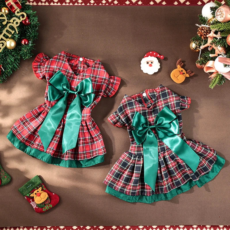 Holiday Plaid Princess dress Christmas Bow Outfit Dress