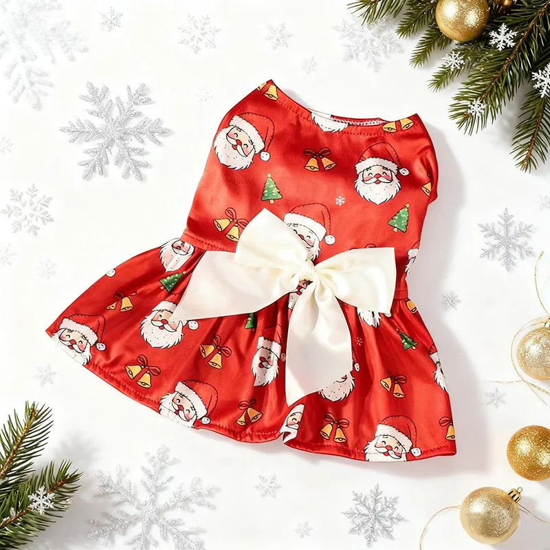 Christmas Dog Dress with Bow,